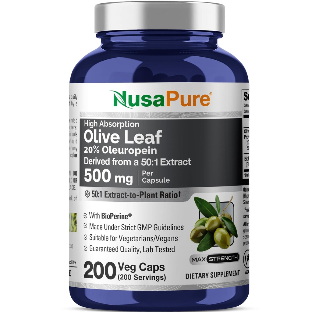NusaPure Olive Leaf 20% Ol Europein 50:1 לחלץ, 500 מ"ג Equivalent עד 25,000 מ"ג 200 Veg Caps מתאים צמחונים ו טבעונים, non-GMO