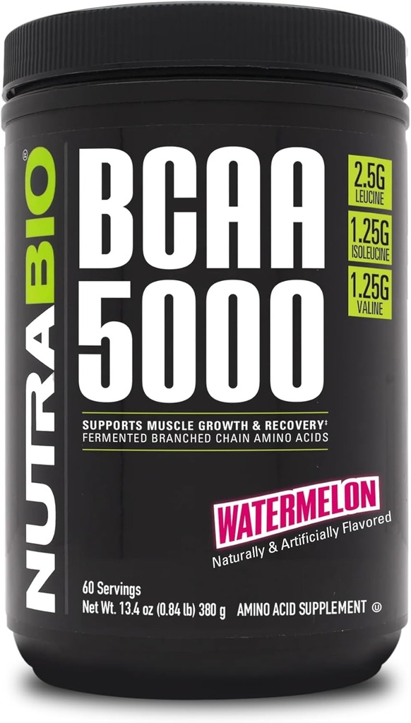NutraBio BCAA 5000 אבקת - טבעוני פרמנטed BCAAs - תומך צמיחה שריר Lean, התאוששות, אנדורנס - 60 משרתים - Watermelon - Watermelon