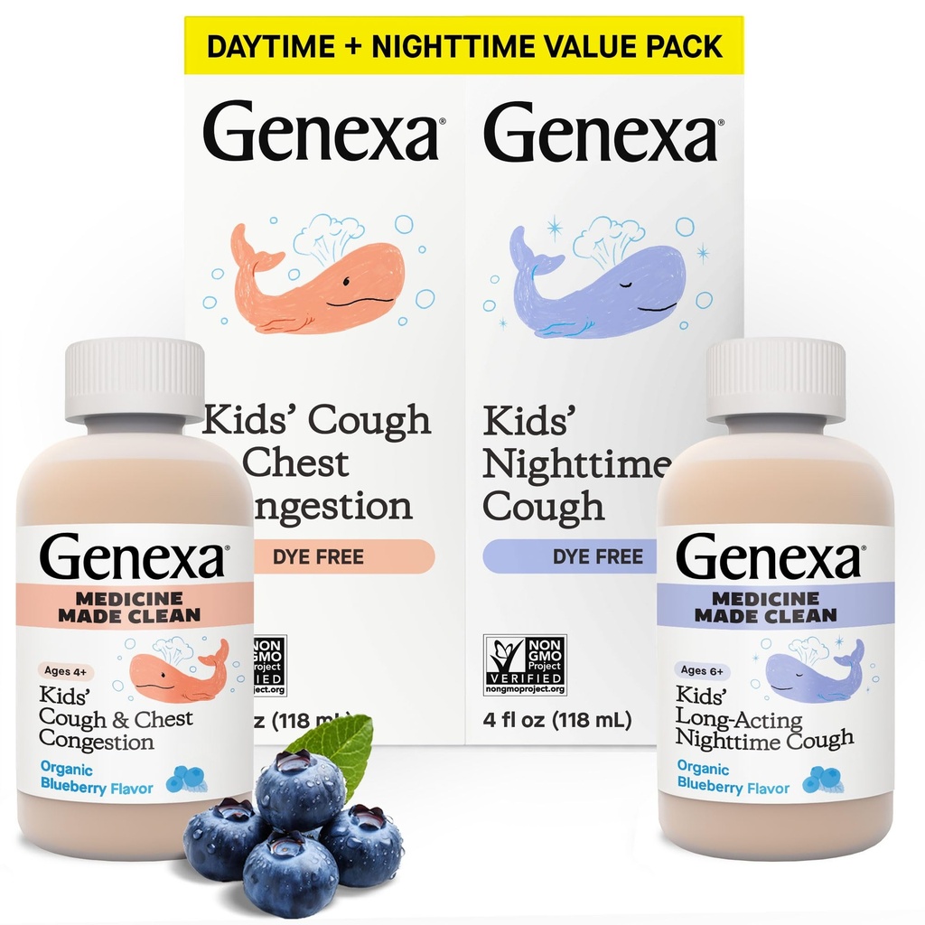 יום נקי של Genexa Kids & Night Cough Medicine, Dye Free, 0% תוספת מלאכותית, הילדים Cough, Chest Communityestion, Runny Nose & Sneezing Relief, Ages 6+, אורגני Blueberry Flavor, 8 oz (2 Pack)