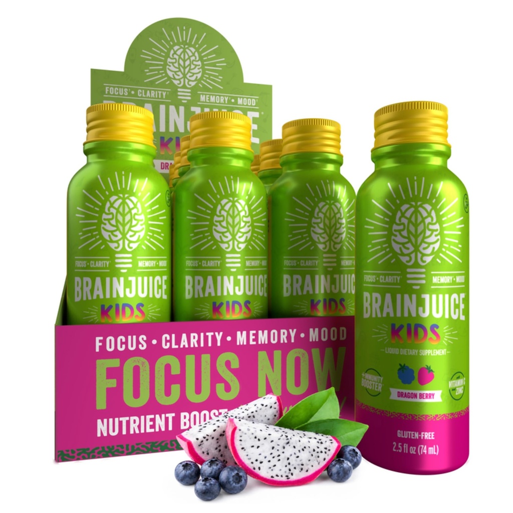 BrainJuice Kids Brain & Immune Support Shot, Gluten Free Supplement Shots for Energy, Focus, Immunity with ויטמין D, C, B, Alpha GPC & אורגני ג'ינג'ר שורש, 5+, Dragon Berry, 2.5 oz, 12 Pack