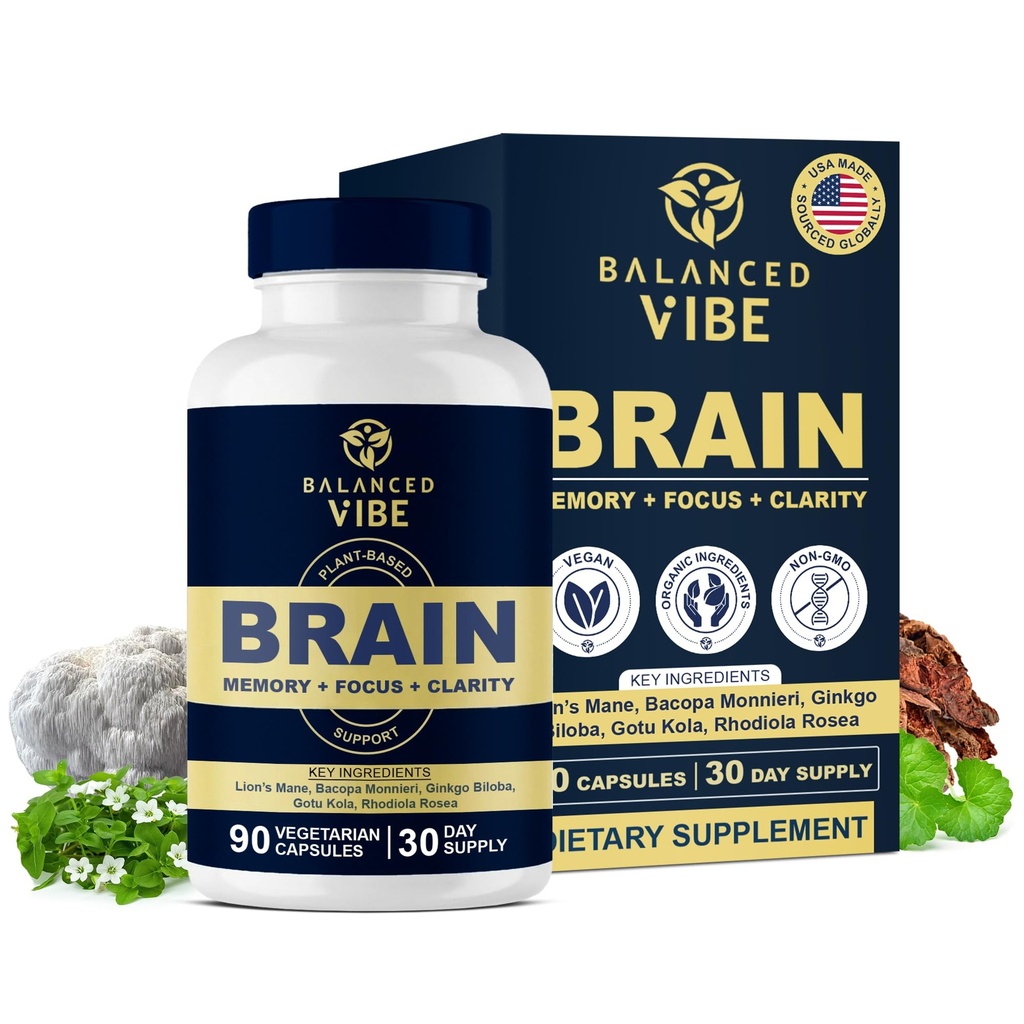 Vibe Brain Formula | Organic Plant-based nootropic for Focus, Clarity & Memory | Organic Lion's Mane, Ginkgo, Bacopa, Rhodiola, Gotu Kola | 30 יום אספקה