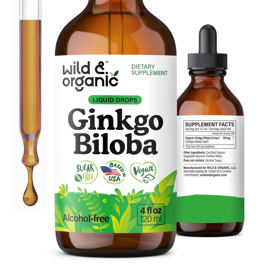 Wild & Organic Genekgo Biloba Extracts - Brain & Focus Support - נוזל ג'ינקגו Bilobas - טבעוני, סוכר ואלכוהול חינם Herbal Tincture - 4 fl oz