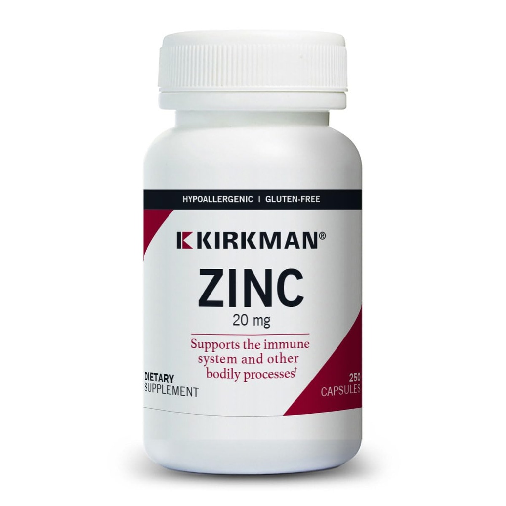 קירקמן - Zinc 20 מ"ג - 250 קפסולות - תמיכה כספית - High Absorption - Hypoallergenic