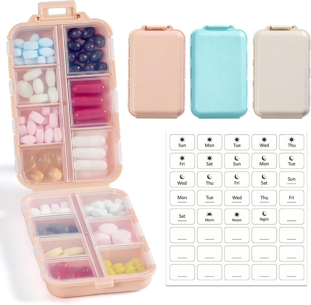 3 Pack, 14 GRIDS Travel Pill Organer Box with Labels - Travel Medicine Case Kit - Pocket Daily Pharmacy Container - Travel Holder Dispenser for Fish Oil תוסף