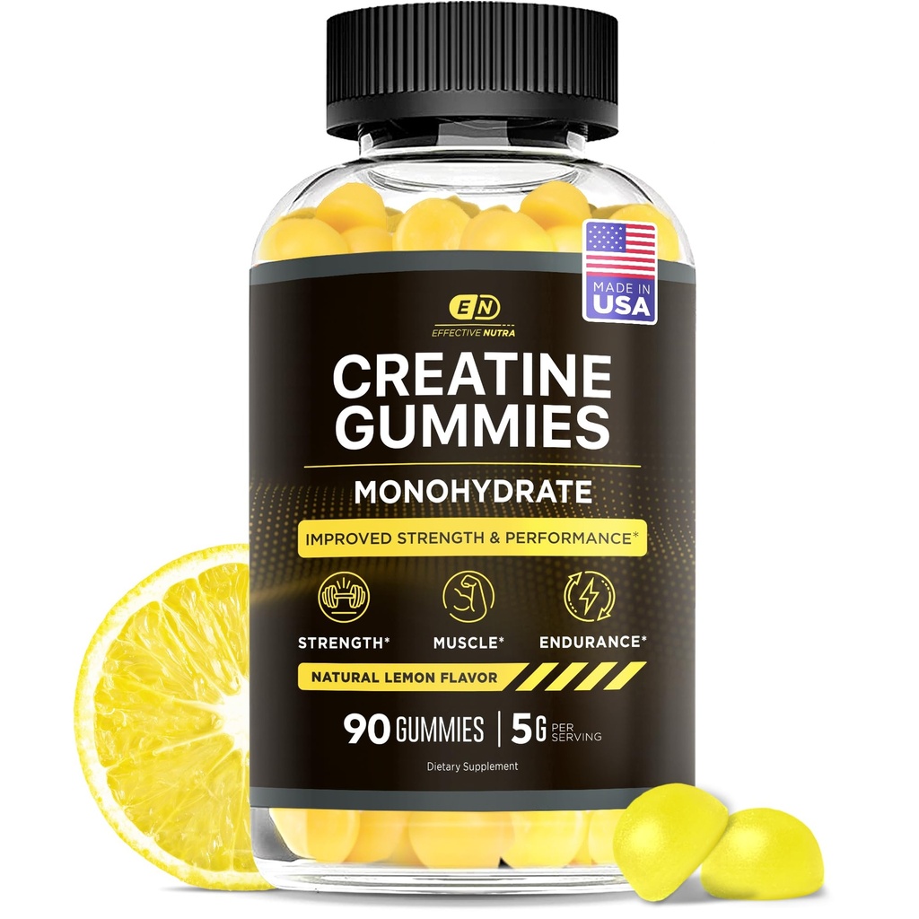 יעיל Nutra Creatine Monohydrate חניכיים - 1g Creatine per Gummy - הורמון שריר וכוח תוספת לגברים ונשים - תמיכה צמיחה שרירים, אנרגיה, אנדורנס - לימון פלפור, מיוצר בארה"ב (90ct)