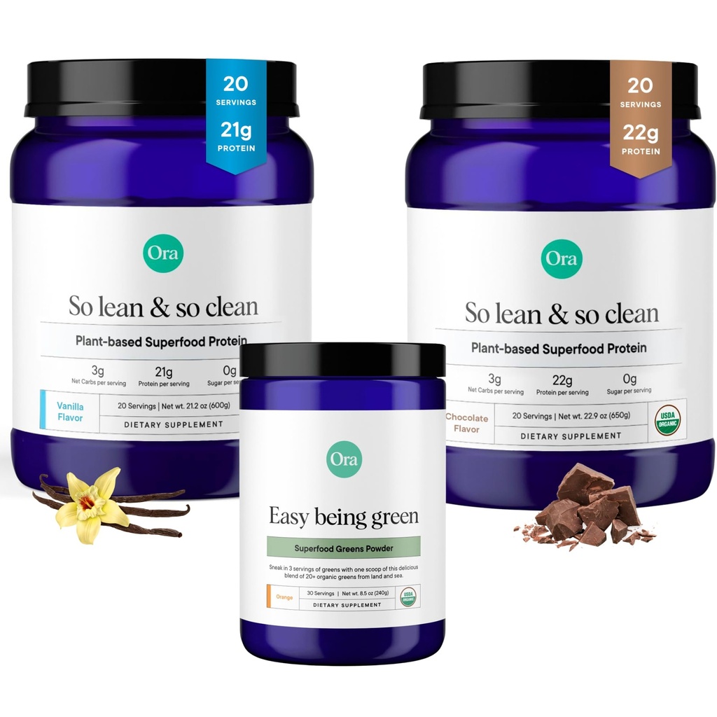 Ora אורגני אבקת חלבון אבקת שוקולד, Vanila & Greens אבקת Bundle: 22g צמחי מבוסס, שוקולד, 20 משרתים + 21g צמחי מבוסס, וניל, 20 לשרת + משקאות סופר ירוק אורגני, 30 לשרתים
