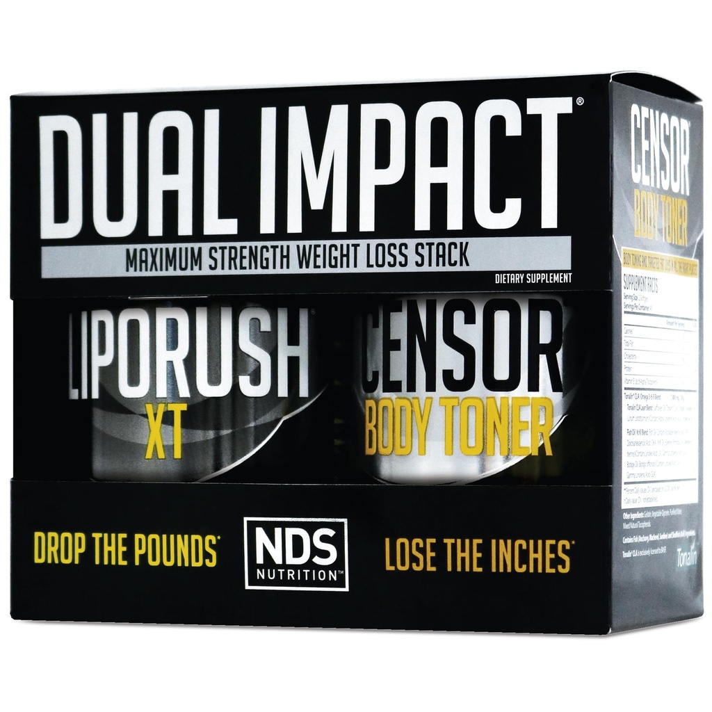 NDS תזונה מקסימלית כוח כפול Impact Stack - Powerful 2-in-1 ירידה במשקל Kit משלבת גבוה אנרגיה שריפת שומן XT Thermogenic עם Premium CLA Censor Body Toner (60 Caps & 90 Softgels)