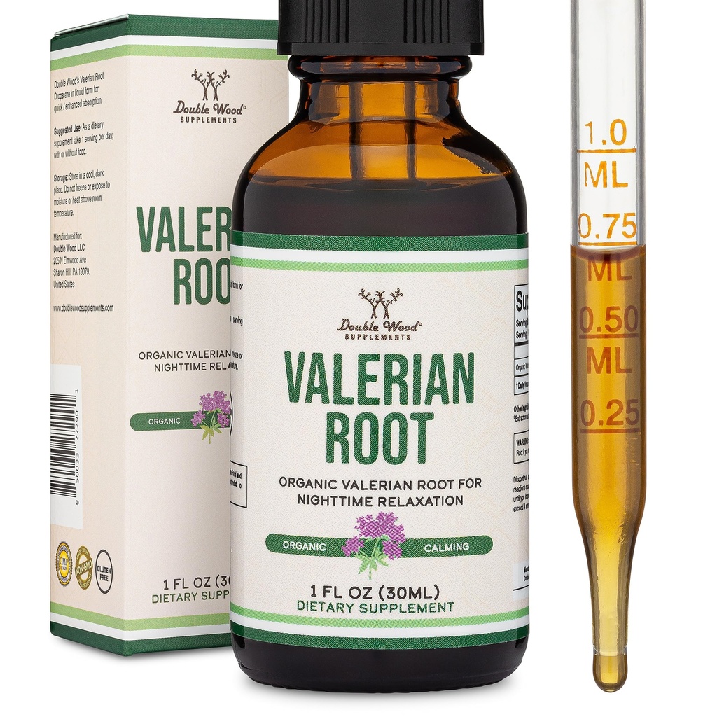 Valan Root Drops for Sleep - Organic Valan Root Tincture לחלץ 168 מ"ג - 1 FL OZ, 30 משרתות (עדיף Absorbed מאשר קפסולות, שיפורים ולריאן שורש תה) להרגעה ו Calm על ידי Double Wood