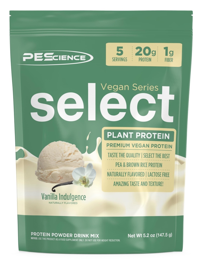 PEScience Select Vegan Protein Powder, Plant Based Protein Powder, Amazing Taste, Smooth Texture, Pea and Brown Rice Blend, Dairy Free, Lactose Free, Gluten Free - Vanilla Indulgence, 5 Servings