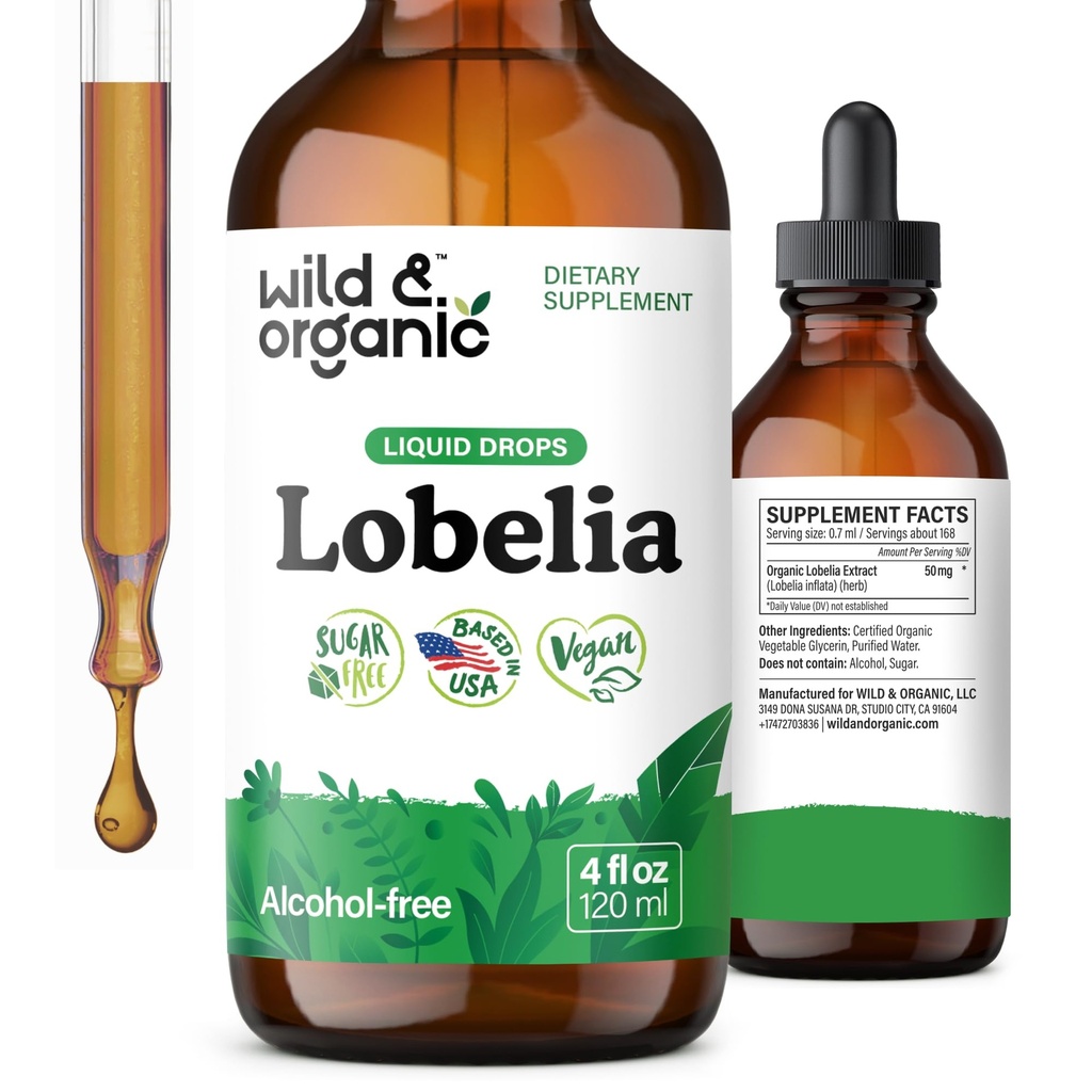 Wild & Organic Lobelia Tincture - Lung Detox ונקיזה - נוזל Lobelia Herb תוסף - טבעוני, סוכר ואלכוהול חינם טיפות - 4 fl oz