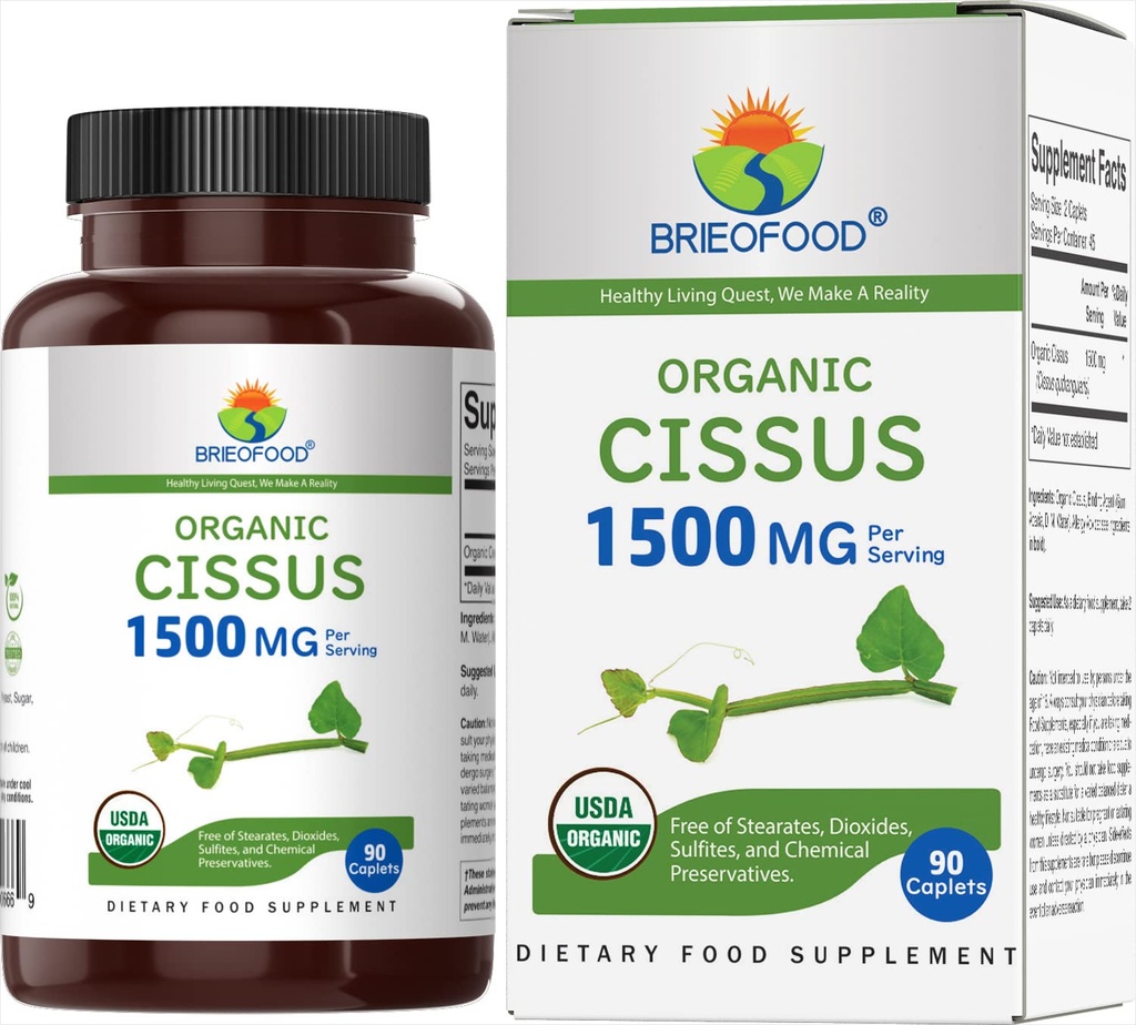 Brieofood אורגני Cissus Quadrangularis 1500 מ"ג, 45 משרתים, Vegetarian, Gluten Free, 90 טבליות צמחוניות