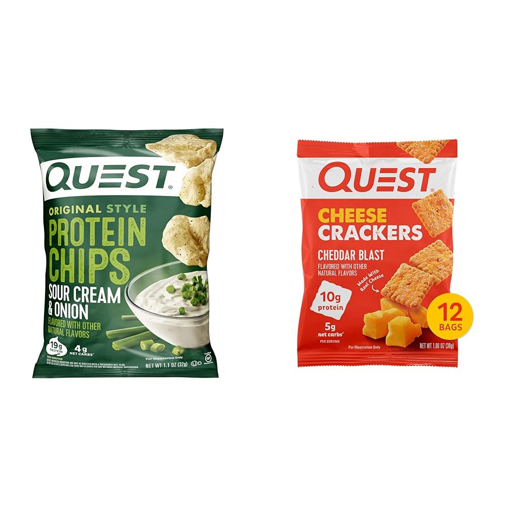 Quest Nutrition Protein Chips, Sour Cream & Onion, High Protein, Low Carb, Pack of 12 & Cheese Crackers, Cheddar Blast, High Protein, Low Carb, Made with Real Cheese, 12 Count