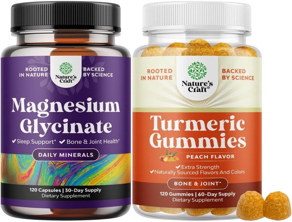 Bundle of Pure Magnesium Glycinate 400 מ"ג עבור שינה ורגיעה וחניכיים Turmeric עבור מבוגרים Peach Flavor - תמיכה נוספת כוח משותף תמיכה