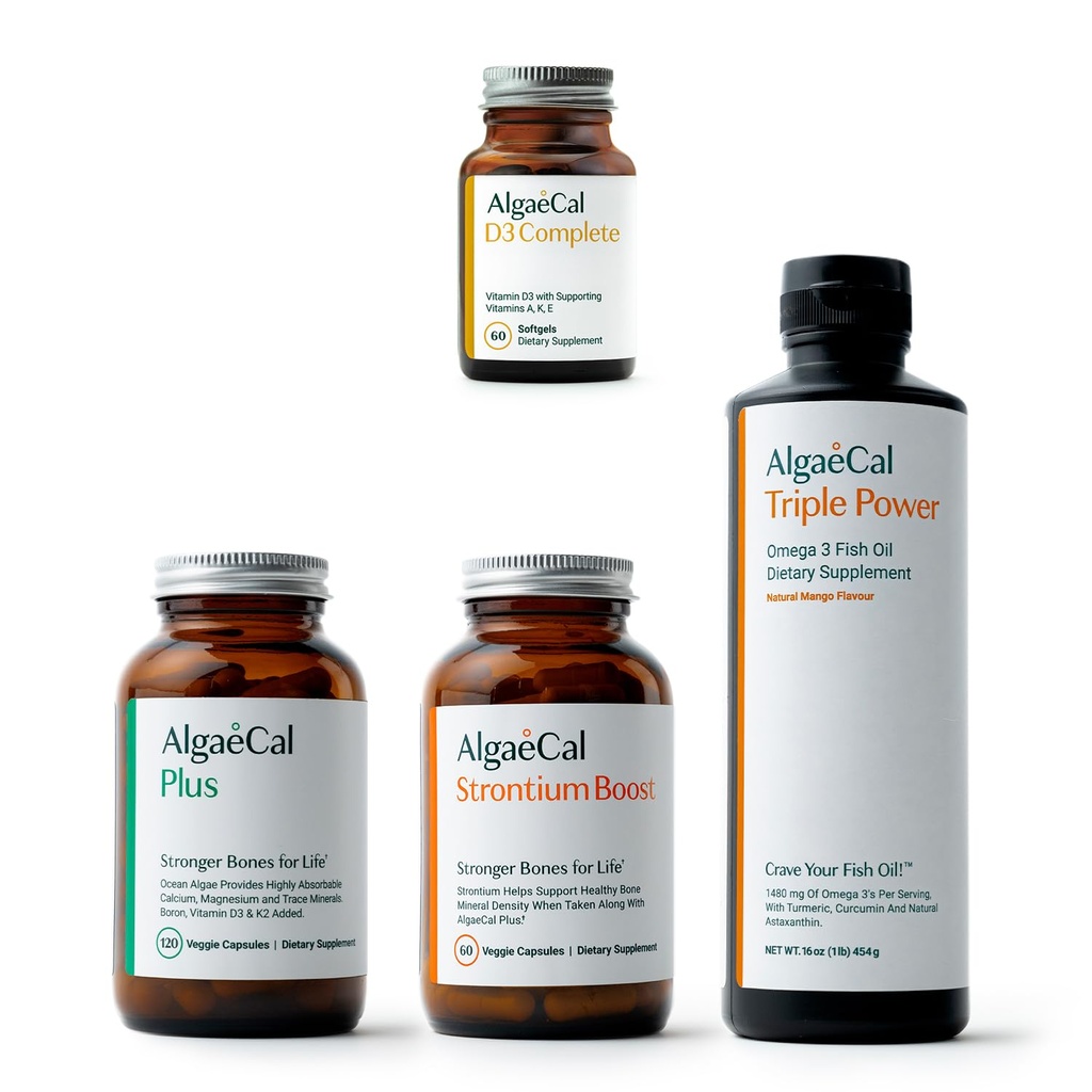 ALGAECAL Ultimate Bone Bundle - D3 Complete (1000 IU) + K2, ויטמין E, ויטמין A & Plant-based Calcium עבור הגדלת העצמות ו אומגה 3 שמן דגים עם 1200 מ"ג EPA DHA