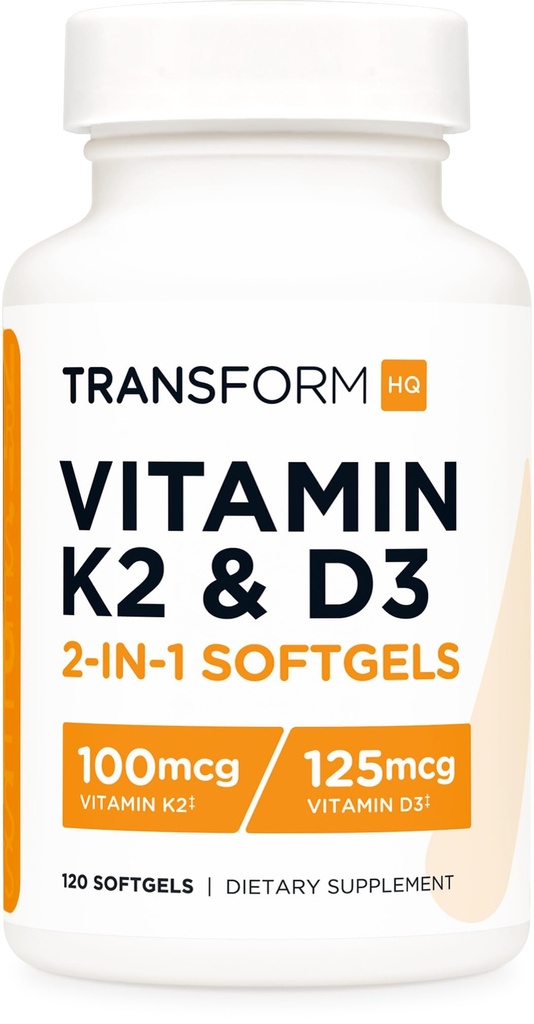 TransformHQ ויטמין K2 (MK7) (100mcg) + ויטמין D3 (5000 IU) 120 Softgels - Gluten Free and non-GMO
