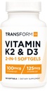 TransformHQ ויטמין K2 (MK7) (100mcg) + ויטמין D3 (5000 IU) 120 Softgels - Gluten Free and non-GMO