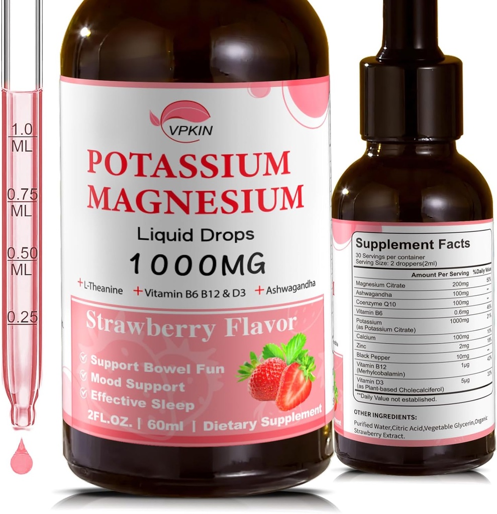 Potassium Magnesium Citrate תוסף, מגנזיום נוזל טיפות עם Magnesium Glycinate 1000 מ"ג עם Ashwagandha, Zinc, Support Clam & Support Immune System (Strawberry,2 FL.OZ.)