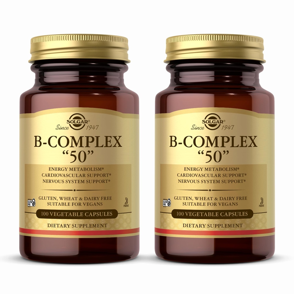 Solgar B-Complex "50" - 100 קפסולות ירקות, Pack of 2 - Energy Metabolism & Nervous System Support - Non-GMO, Vegan, Gluten Free - 200 שרתי Total