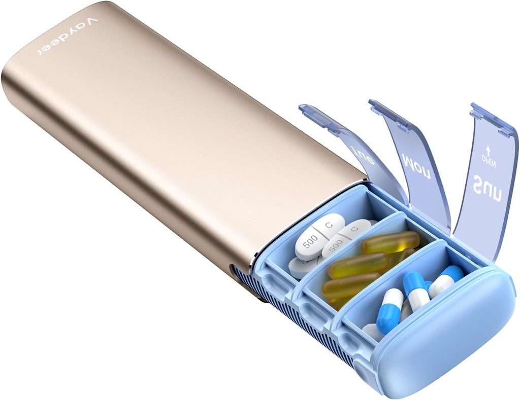 Vaydeer Metal Travel Pill מארגנת, 7 Day Weekly Pill Box, Big Capacity Daily Sweet Pill Case for Supplements, Pills, ויטמינים ותרופות (קטן, שמפניה)