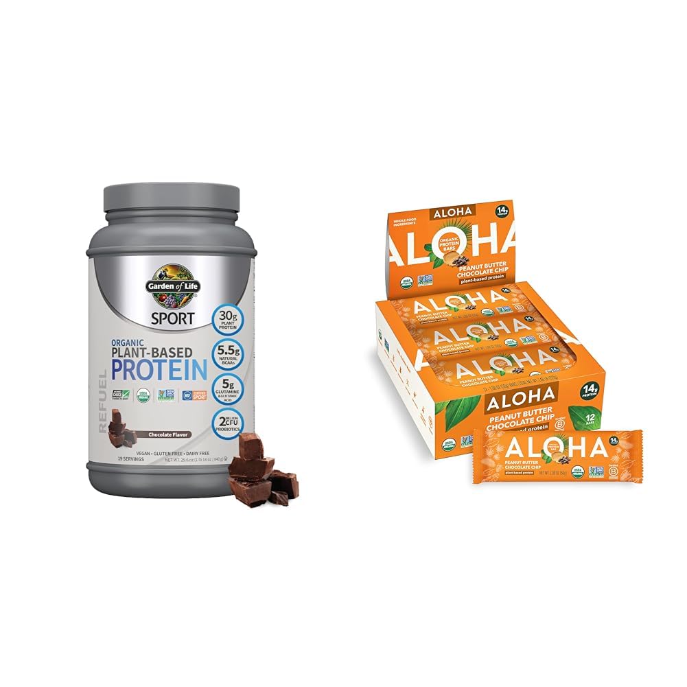 Garden of Life Organic Vegan Sport Protein Powder & Aloha Organic Plant Based Protein Bars |Peanut Butter Chocolate Chip | 1.98 Oz