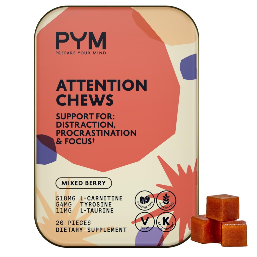 PYM Attention Chews תמיכה עבור Procrastination, Focus & Productivity, 20 Count | 518 מ"ג L-Carnitine, 54 מ"ג Tyrosine, 11mg L-Taurine, Caffeine-Free | All-Natural Mood Boostrated בארה"ב