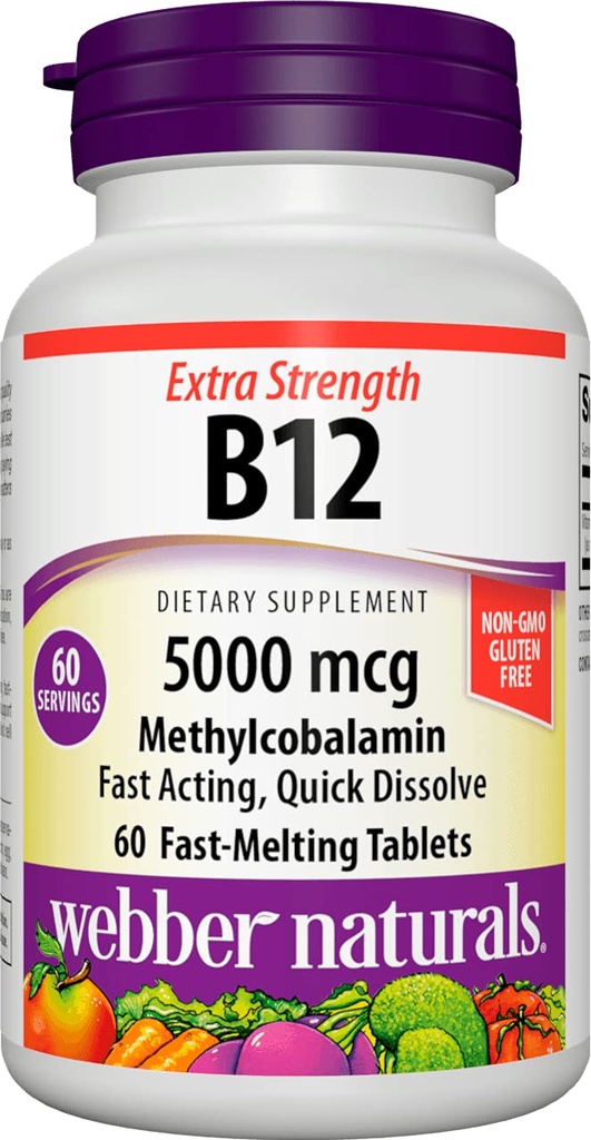 Webber Naturals ויטמין B12 5000 mcg, 60 ספירה, טבליות דיסלוט מהיר, ויטמין תוספת תמיכה עבור אנרגיה מטבוליזם, Immune ובריאות הלב, פורמולה צמחונית, 60 יום אספקה