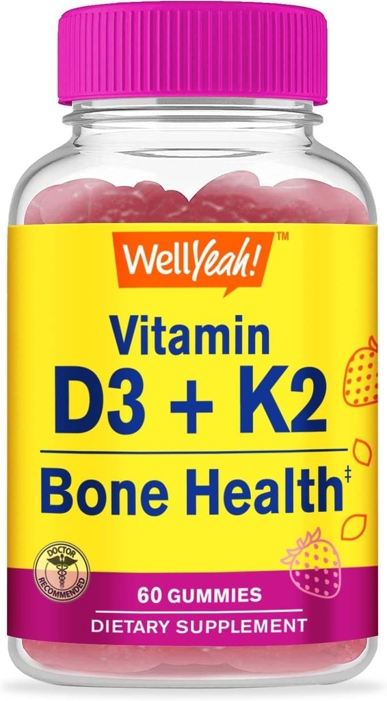 ובכן, ויטמין D3 + K2 חניכיים - ויטמין D3 1000 IU, K2 100 MCG - העצם ותמיכה בריאות השרירים, פלאבים טבעיים, GMO חינם, Gluten Free, טבעוני - K2 D3 ויטמין 60 מסטיק