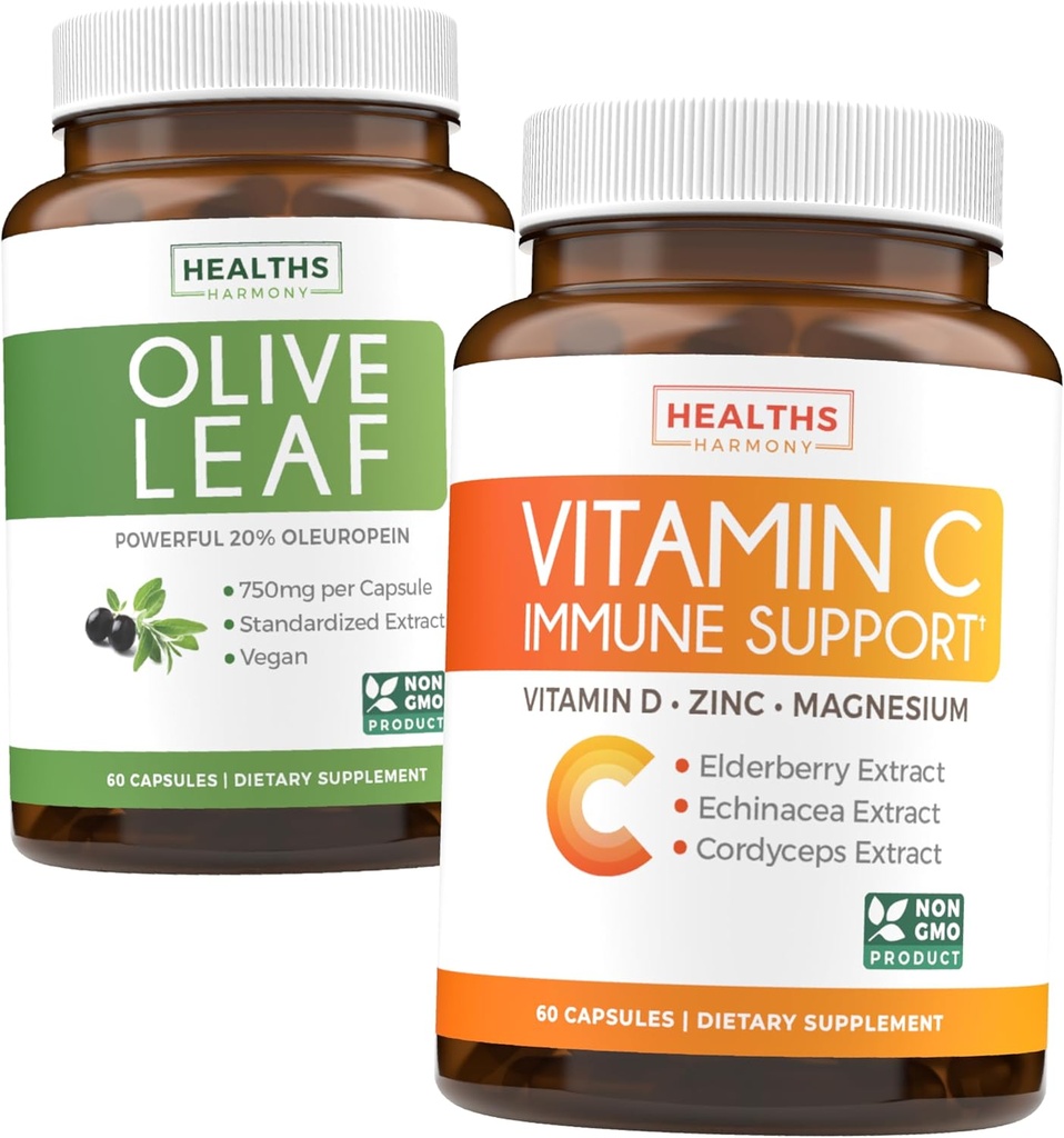 חסכו 4 (12% הנחה) - Herbal Immune Bundle - אוליב מסך (Non-GMO) Super Power: 20% Ol Europein 750mg caps ו- Immune Support - ויטמין C עם Zinc, ויטמין D, Elderberry & Echinacea (Non-GMO)