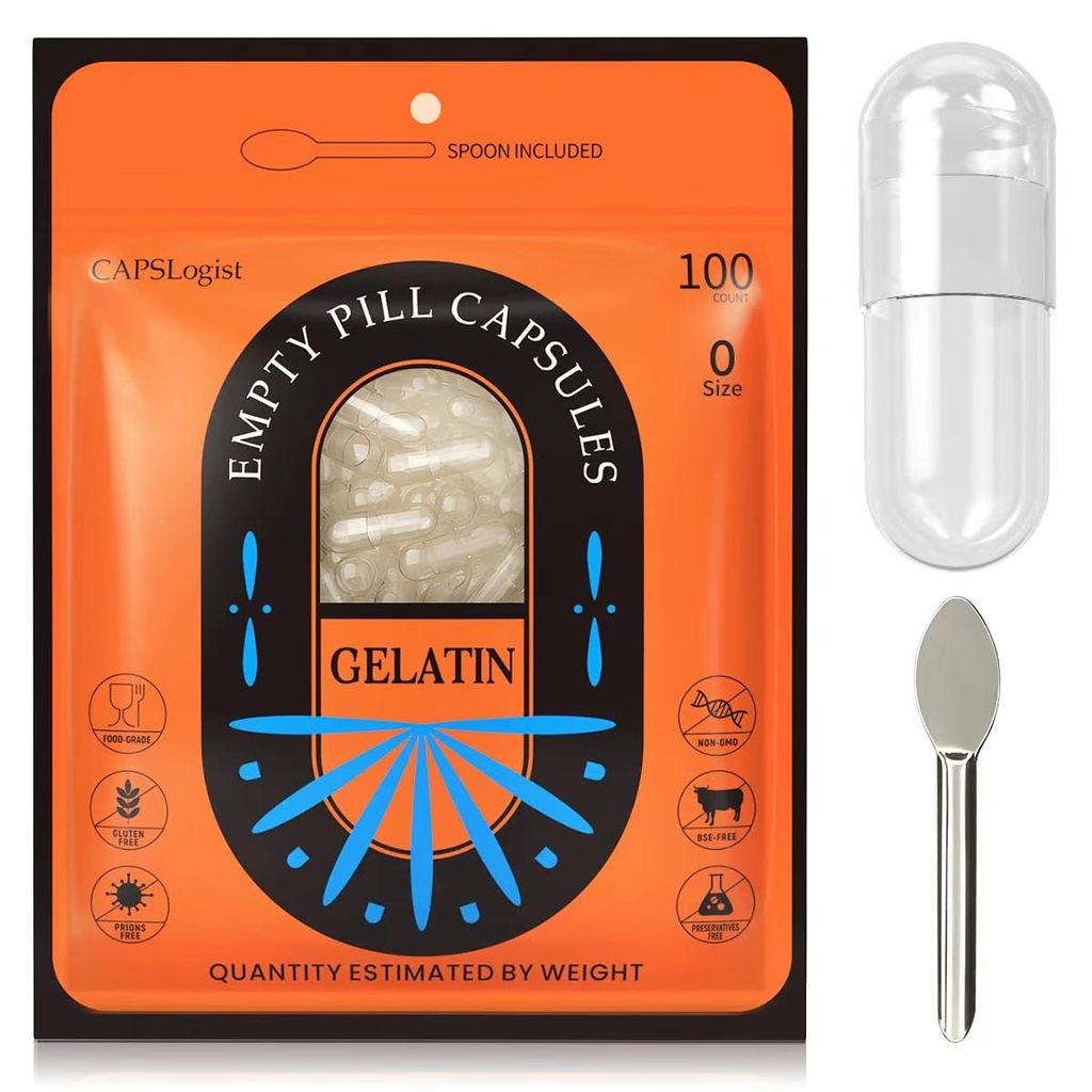 גלולות קפסולות בגודל 0, 100 Count Gelatin קפסולת עם Micro Lab Spoon, גלולת גלולות DIY מילוי, Gluten חינם ולא-GMO מוסמך, Clear