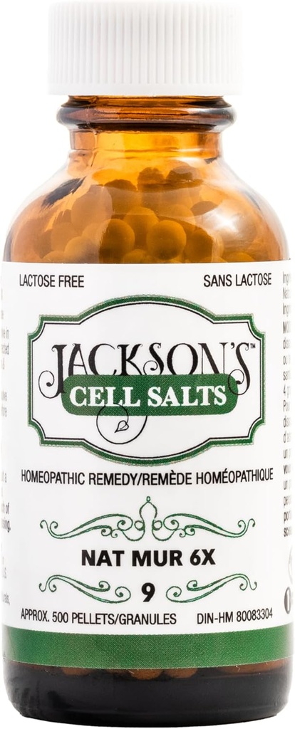 Jackson's #9 Cell Salt NAT Mur 6X (500 Pelletבק) - טבעוני מוסמך, Lactose-Free Schuesler Tissue Salt Natrum Muriaticum 6X
