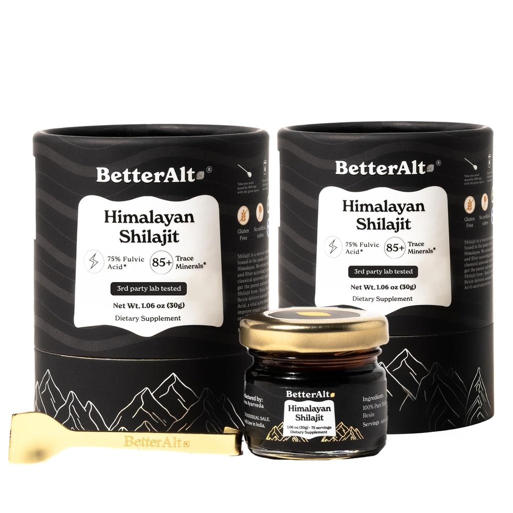 Better Alt Pure ההימלאיה Shilajit Resin Pack של 2 High Potency Gold כיתה 150 לשרתs for Energy Boost & Immune Support, 85+ Trace מינרלים, 75%+ Fulvic Acid, עם דוח מעבדה,400 מ"ג