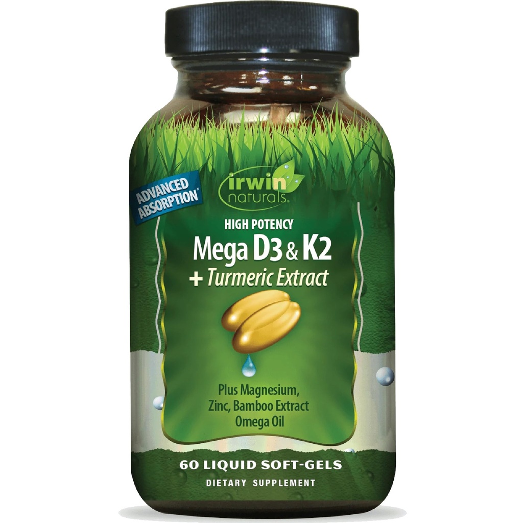 Irwin Naturals High Potency Mega D3 & K2 + Turmeric Extract - 60 נוזל Soft-Gels