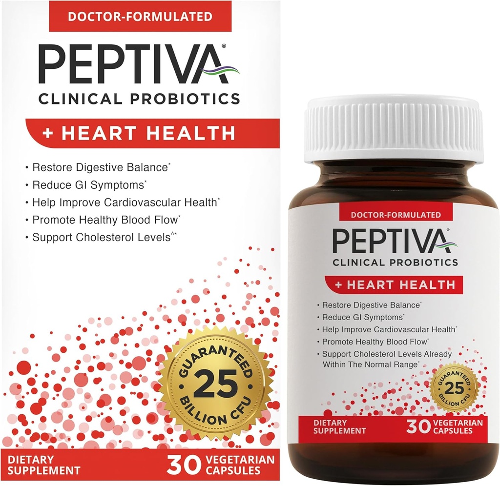 Peptiva Probiotics Heart Health - תוספי תמיכה לבריאות הלב, 25 מיליארד CFU, Multi-Strain Probiotic, Lactobacillus Acidophilus, Bifidobacterium, תמיכה תזונתית - 30 קפסולות צמחוניות