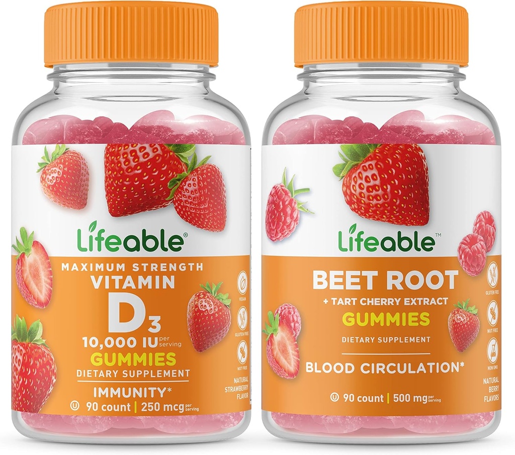 ויטמין D 10000 IU + Beet Root, Gummies Bundle - גדול Tasting, ויטמין תוסף, Gluten Free, GMO חינם, Chewable Gummymymy