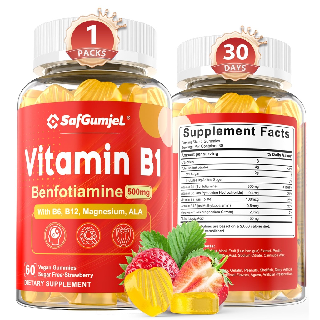 ויטמין B1 חניכיים | Benfotiamine 500 מ"ג עם ויטמין B6 B9 B12 & Magnesium for Nerve Health, Energy & Metabolism Support