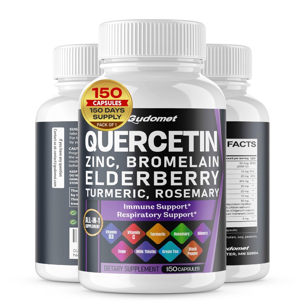 Quercetin Bromelain Zinc ויטמין D3 Elderberry Turmeric Rosemary Bilberry חכמים Odorless Garlic Tea Milk Thistle Oregano -150 קפסולות מיוצר בארה"ב