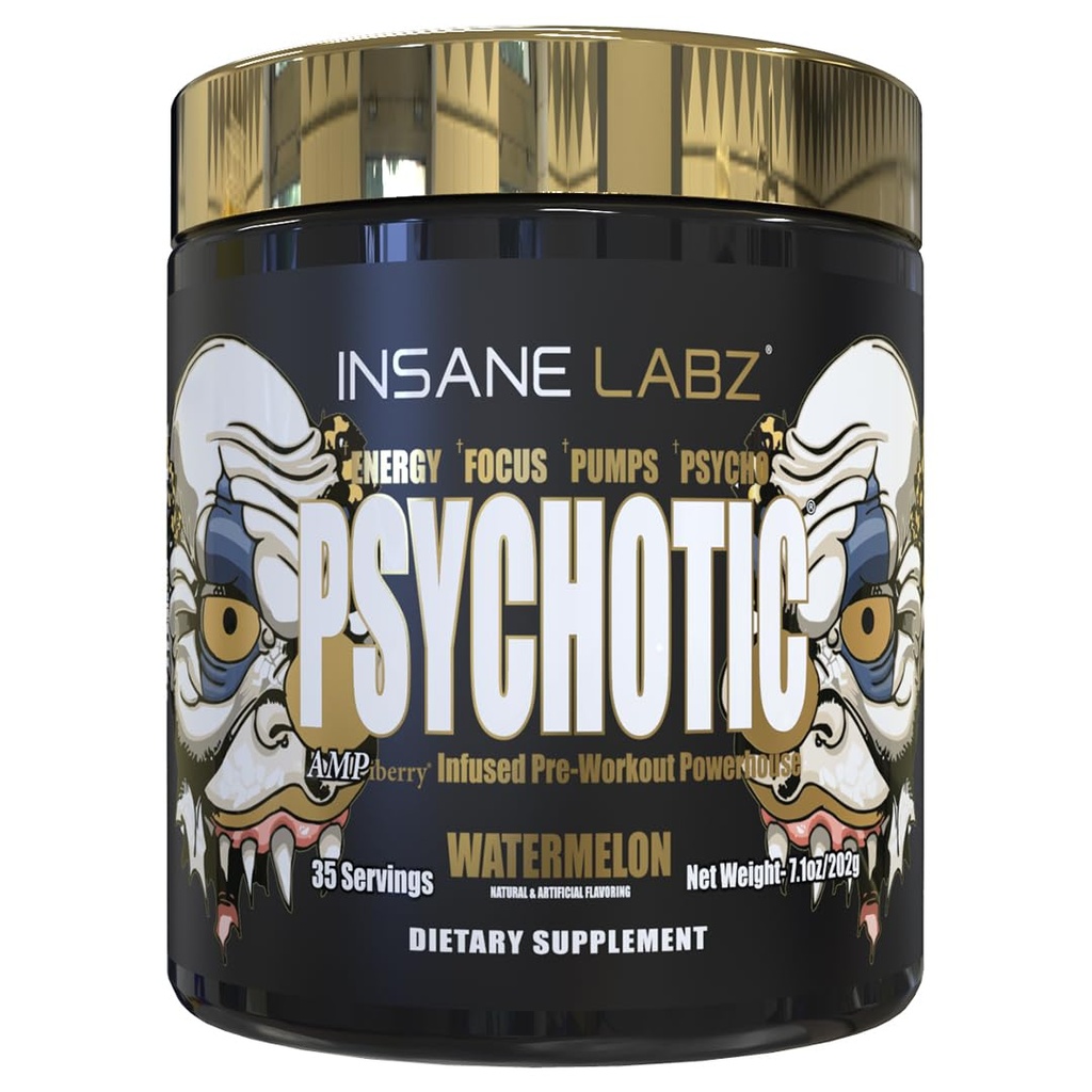Insane Labz Psychotic Gold, High Stimulant Pre Workout אבקה, אנרגיה מתקדמת ממוקדת, משאבות וסוף עם אלן Betaine, DMAE Bitartrate, no Booster (35 משרתים, Watermelon)