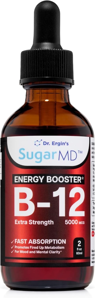 ויטמין סוכרMD B12 5000 טיפות נוזליות נוזליות - 2 oz (60 מ"ל) אנרגיה טיפות עבור נשים וגברים - non-GMO & Gluten Free B12 טיפות עם מקסימום Absorption פורמולה