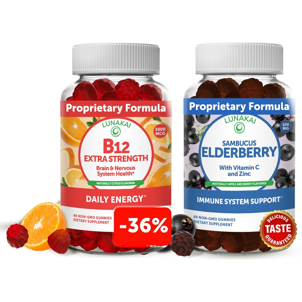 לונוקאי ויטמין B12 ו-Elderberry Gummies Bundle - 3000 mcg Gummy for Adults Energy Support and Bone Health - Immune Support with Zinc and ויטמין C