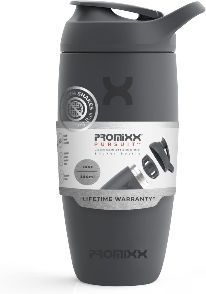 Promixx Pursuit Shaker Bottle Insulated Stainless Steel Water Bottle and Shaker Cup, 18oz, Graphite Gray