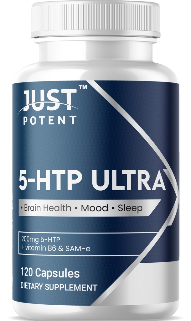 Just Potent 5-HTP Ultra 200 מ"ג | 120 קפסולות - 4 Monteh Supply Supply Supply ; for Sleep, Mood, and Brain Health | Fortified with SAM-e and ויטמין B6