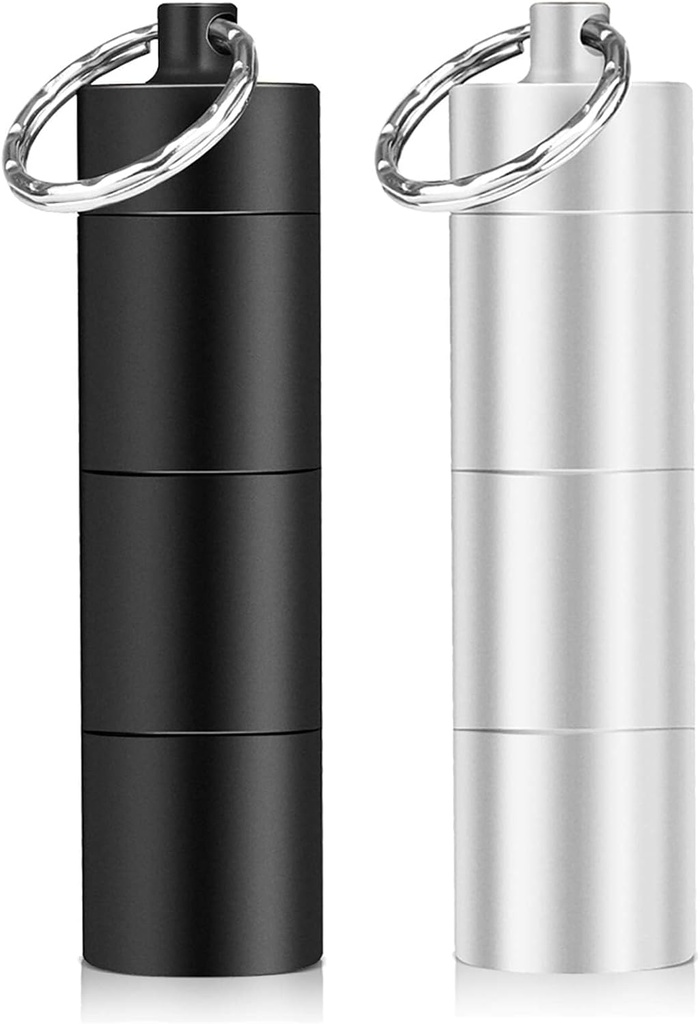 Opret 2 Pack Keychain Pill Holder, 3 השוואתיות של Metal Small Pill Case, Waterware Portable Travel Pill Box, Pill Container for Purse, מאט שחור & Silver