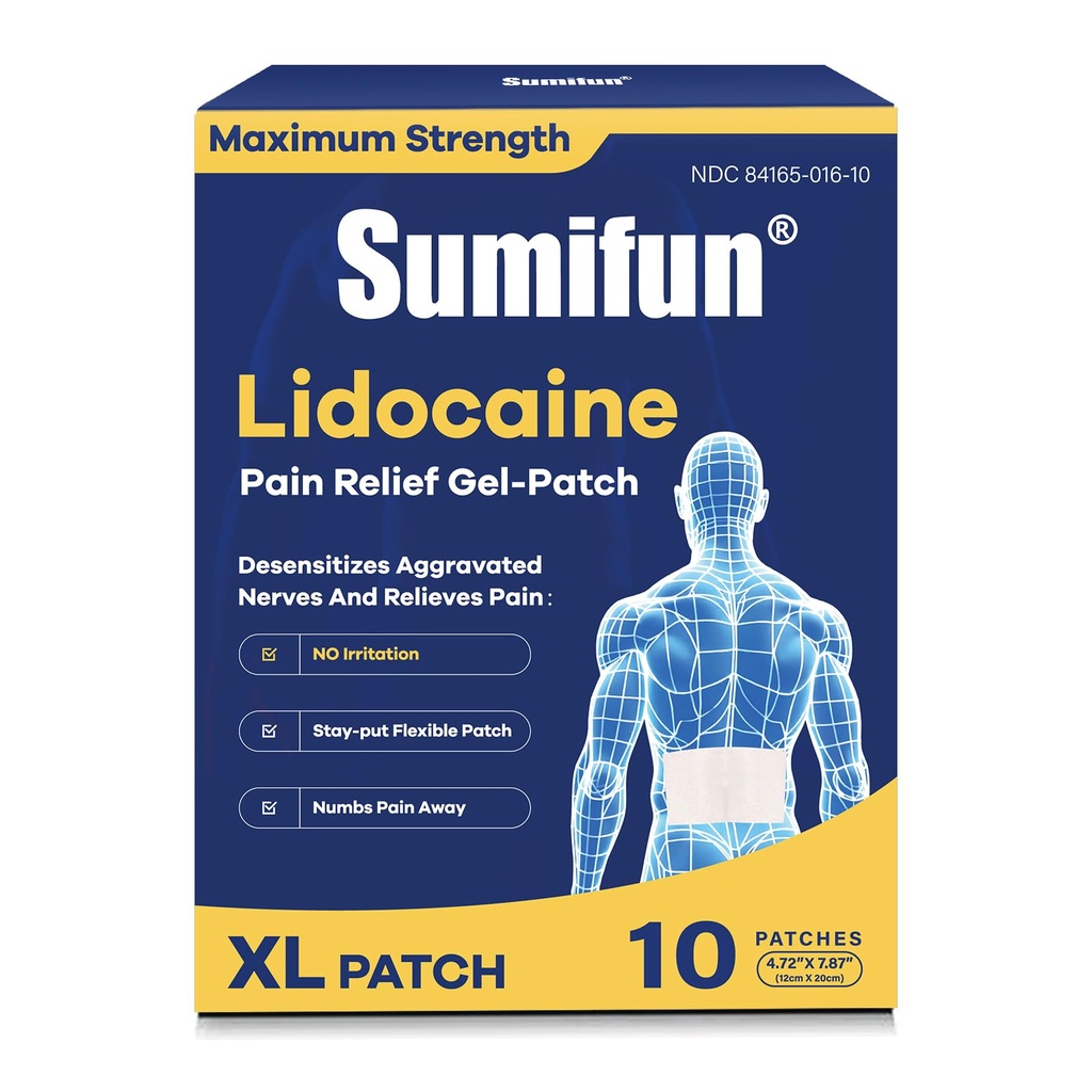Sumifun XL 4% Lidocaine Patches, Maximum Strength OTC Numbing, Extra Large 4.72"x7.87" Pain Patches for Full Back, Leg Pain, Long-Lasting 8-Hour Pain Relief (Extra Large, Count, 10)