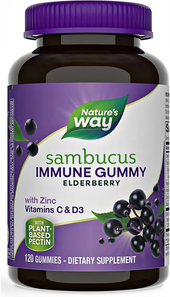 Natures+Way Sambucus Elderberry חניכיים, עם ויטמין C, ויטמין D ו- Zinc, Immune Support for Kids and Adults, 120 חניכיים