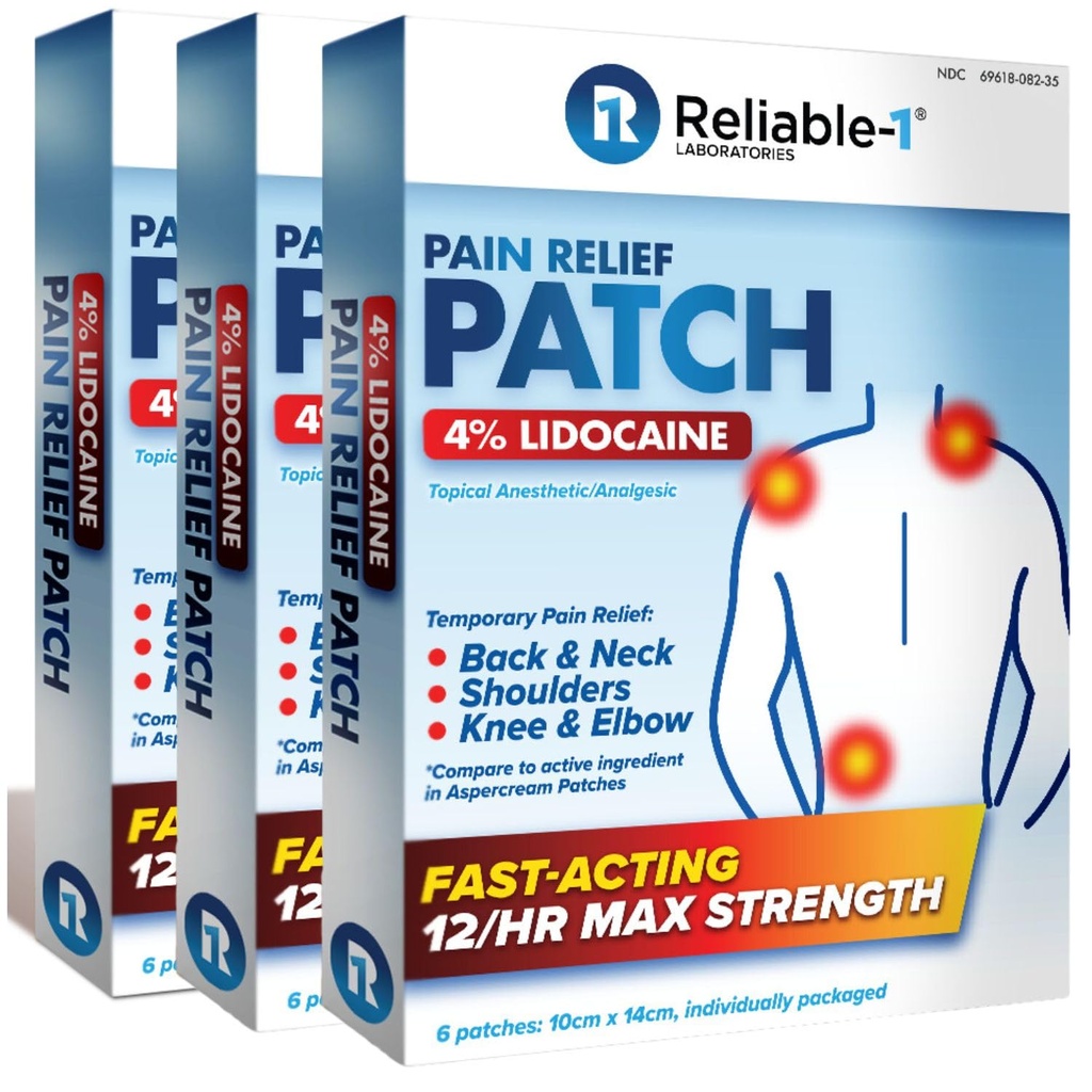 Reliable-1 Laboratories Fast Acting 4% Lidocaine Pain Relief Patches (Maximum Strength, 12 Hours of Relief) Temporary Pain Relief for Back, Neck Shoulders, Knees & Elbows - 3 Pack, 6 Patches Each