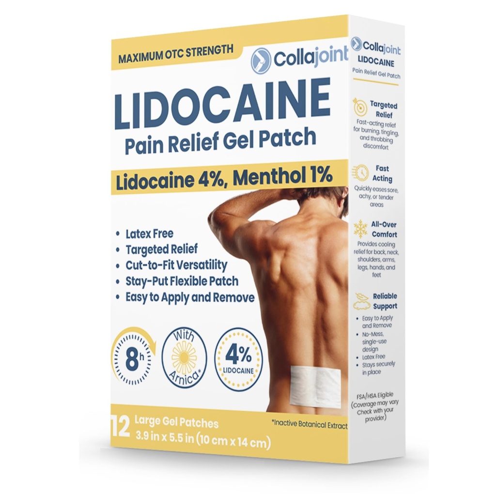 4% Lidocaine Pain Relief Patches with Menthol & Arnica - Maximum Strength Large 4x6 inch Hydrogel Patch for Back, Muscle, Joint & Arthritis Pain - Long Lasting - 12 Count