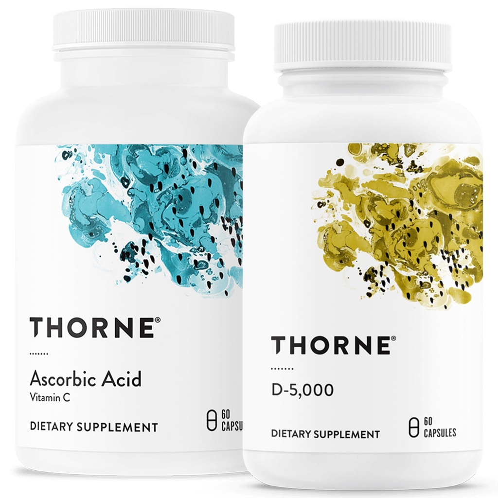 THORNE - Immune & Wellness Support Bundle - Asorbic Acid & ויטמין D-5000 - Antioxidant & Immune function - 60 משרתים