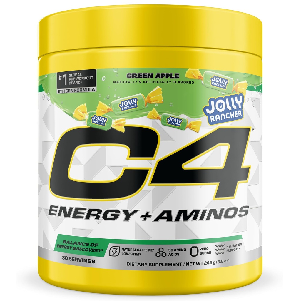 C4 Energy + Aminos Powder Jolly Rancher Green Apple, 5g BCAAs & EAAs for Muscle Recovery, 3 Electrolytes for Hydration, 100mg Natural Caffeine, Pre Workout, Zero Sugar, 30 Servings