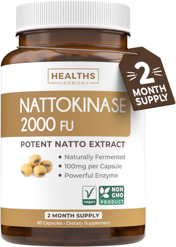Healths Harmony Nattokinase 2000 FU (Non-GMO) תוסף Powerful Nattokinase עשוי באופן טבעי Soybeans - (2 חודשים אספקה) 60 קפסולות נטוטו טבעוניות