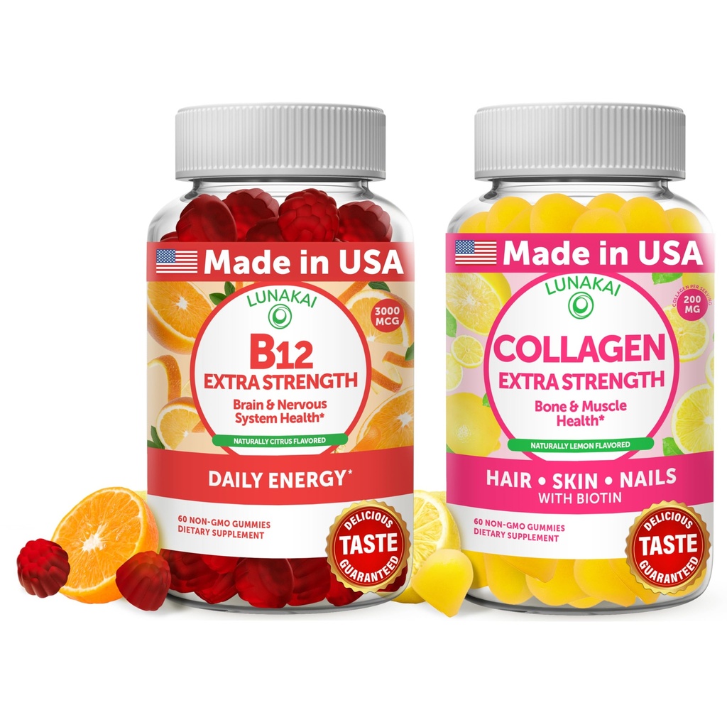 לונהקאי ויטמין B12 ו-Colagen Gummies Bundle - 3000 mcg Methylcobalamin High Absorption Energy Gummies - non-GMO Anti Agings for Men & Women - 30 ימים אספקה
